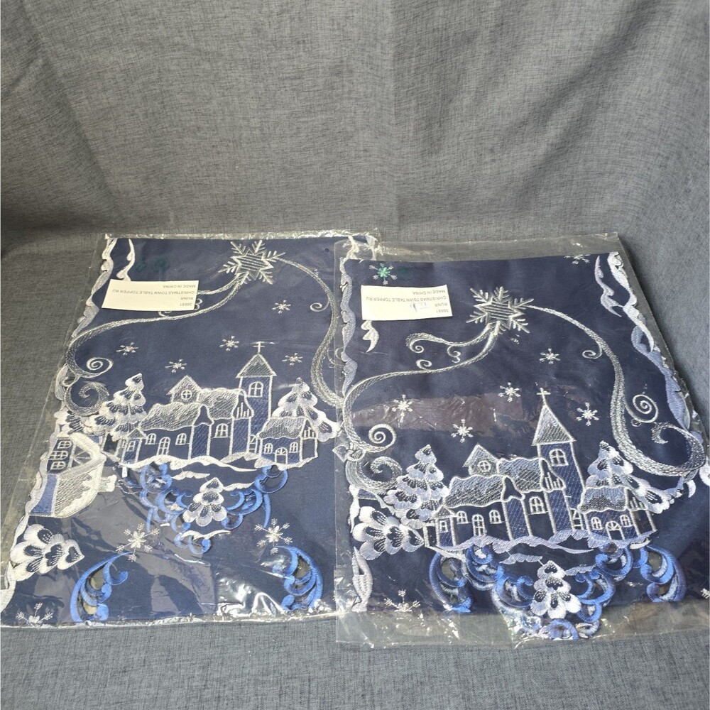 2 Christmas Town Table Runners Embroidered Churches Ice Blue Snowy 64x13"